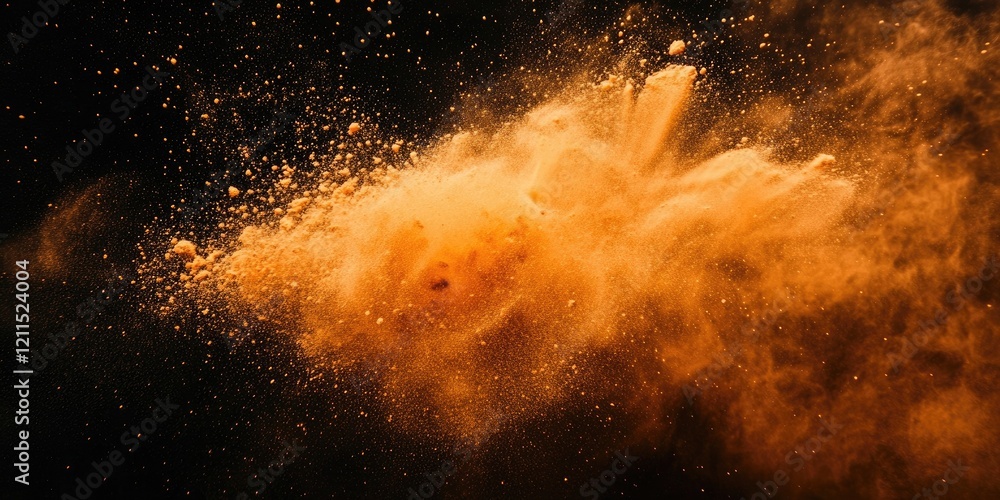 Poster dynamic orange powder explosion on a dark background showcasing vibrant splashes and particles emana