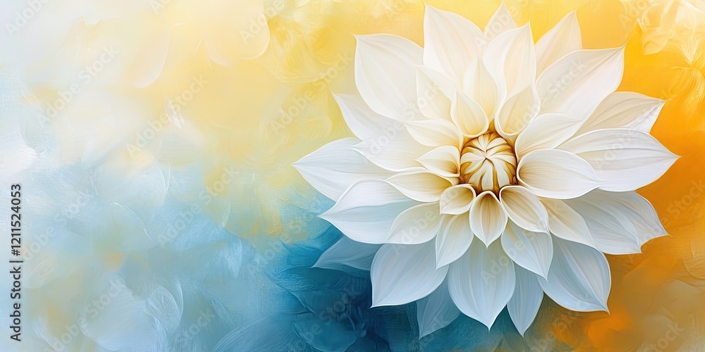Poster white flower in full bloom positioned centrally against a soft gradient background of yellow and blu