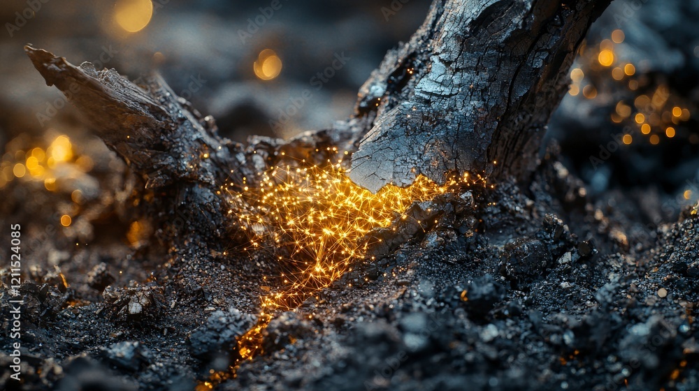 Poster Tiny golden points filtering through reality cracks nature scene digital art enchanted forest close-up view magical concept