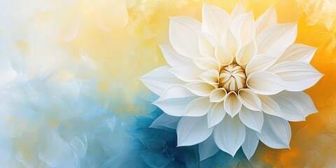 Obraz premium White flower in full bloom positioned centrally against a soft gradient background of yellow and blue, creating a serene two-tone harmony.