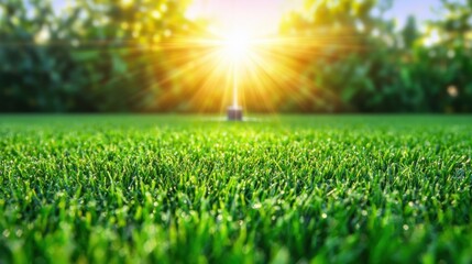 Fototapeta premium Lush Green Lawn under Bright Sunlight A sprinkler watering a lush green lawn under the midday sun, emphasizing the importance of lawn care.