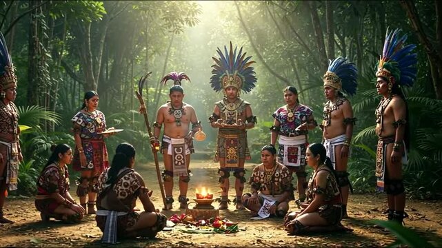 Mayan culture: video presenting spiritual wisdom, traditional garments, ancient artistry, unity, reflecting essence of resilience, indigenous legacy, cultural pride, shared beliefs in Mayan society.