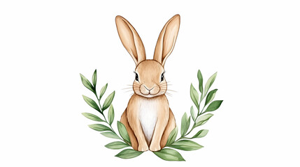 Obraz premium Cute bunny sitting amidst green leaves; spring illustration for children's books
