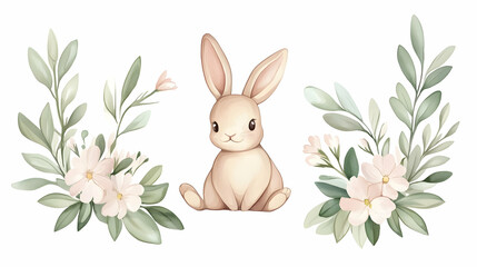 Obraz premium Cute bunny sitting amidst delicate flowers and leaves; spring illustration for children's books or cards