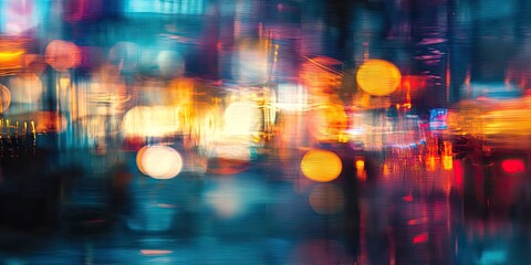 Colorful abstract lights create a blurred pattern with bright oranges and blues in the center, surrounded by soft circles and dynamic shapes.