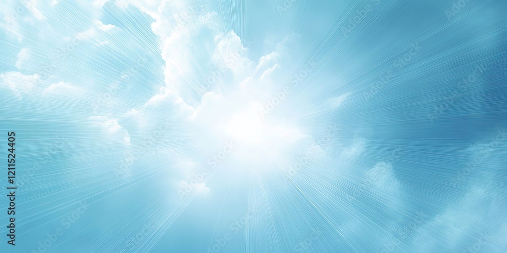 Poster soft pastel blue background with a bright pure white center radiating light, featuring soft cloud pa