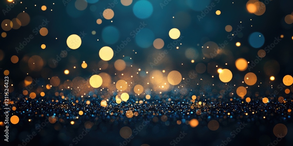 Poster glittering gold and blue bokeh lights create an abstract universe backdrop with a dark textured grou