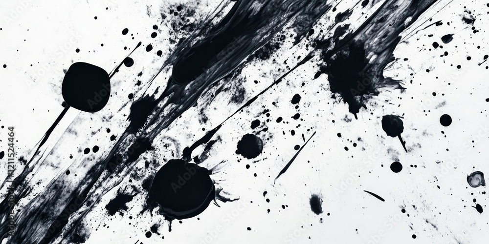 Poster abstract black and white ink blot surface with dynamic splatters and circular shapes positioned acro