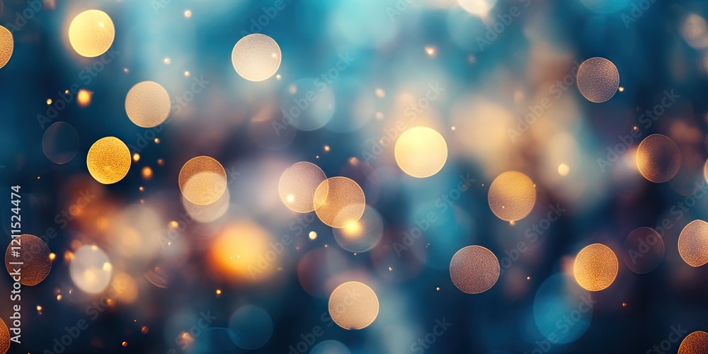 Poster abstract festive background featuring blurred golden and white bokeh lights on a blue backdrop with 