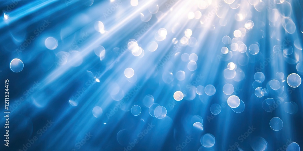 Poster radiant beams of light in soft blue tones creating a serene bokeh backdrop with shimmering orbs in t