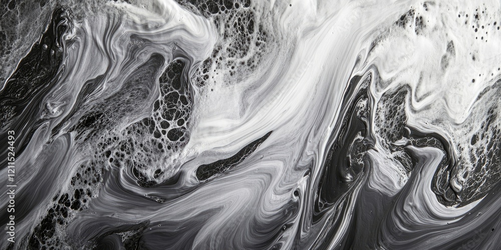 Poster dynamic abstract grey and white swirls with fluid patterns and bubbles on a dark backdrop creating a