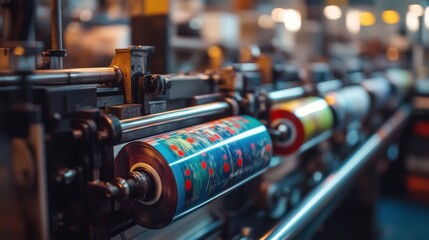 Fototapeta premium A close-up view of a colorful printing machine, showcasing vibrant rolls and industrial machinery in a busy production environment.