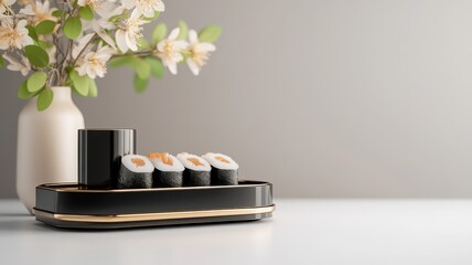 Chrome podium with golden detailing, presenting an elegant sushi display with exquisite and refined presentation.