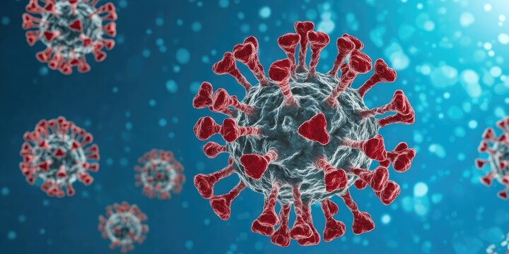 3D model of coronavirus strain with red spikes on a blue gradient backdrop showcasing a global pandemic concept and viral transmission themes