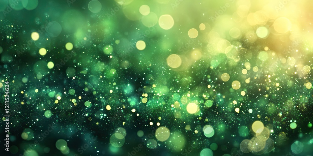 Poster blurred green glitter texture with bokeh effect featuring circular light spots in varying shades of 