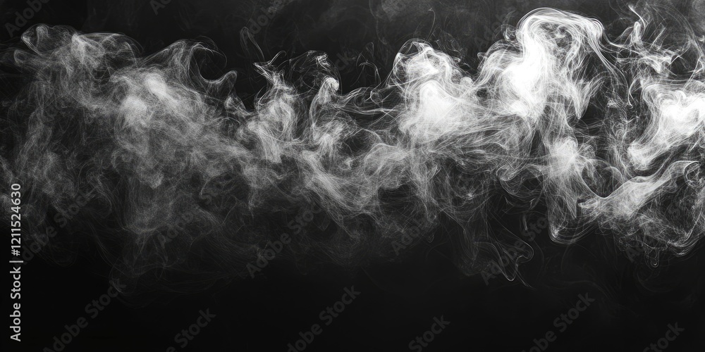 Poster abstract swirls of white smoke on a dark black background with fluid motion and soft edges creating 