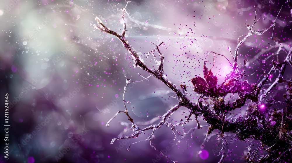 Poster Violet specks of light break through fractured branches nature abstract art ethereal landscape close-up illumination
