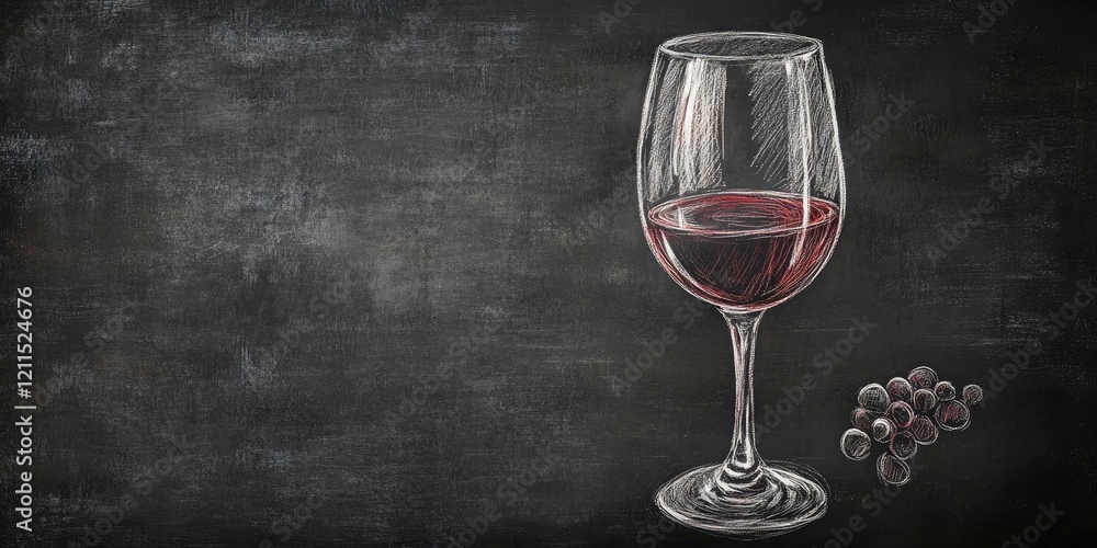 Poster chalk drawing of a red wine glass on a blackboard with white chalk outlines and a cluster of grapes 