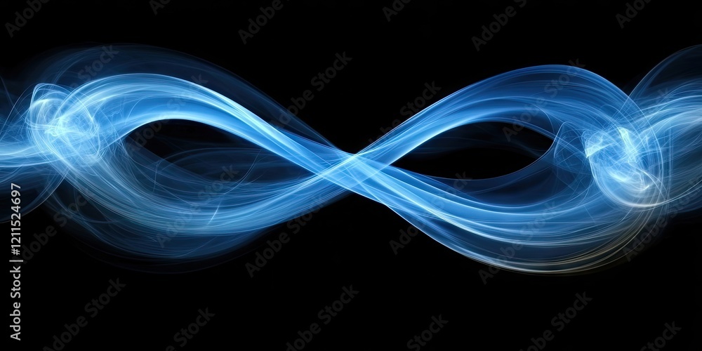 Poster abstract blue and ecru smoke swirls in an infinity loop on a black background, creating a smooth flo