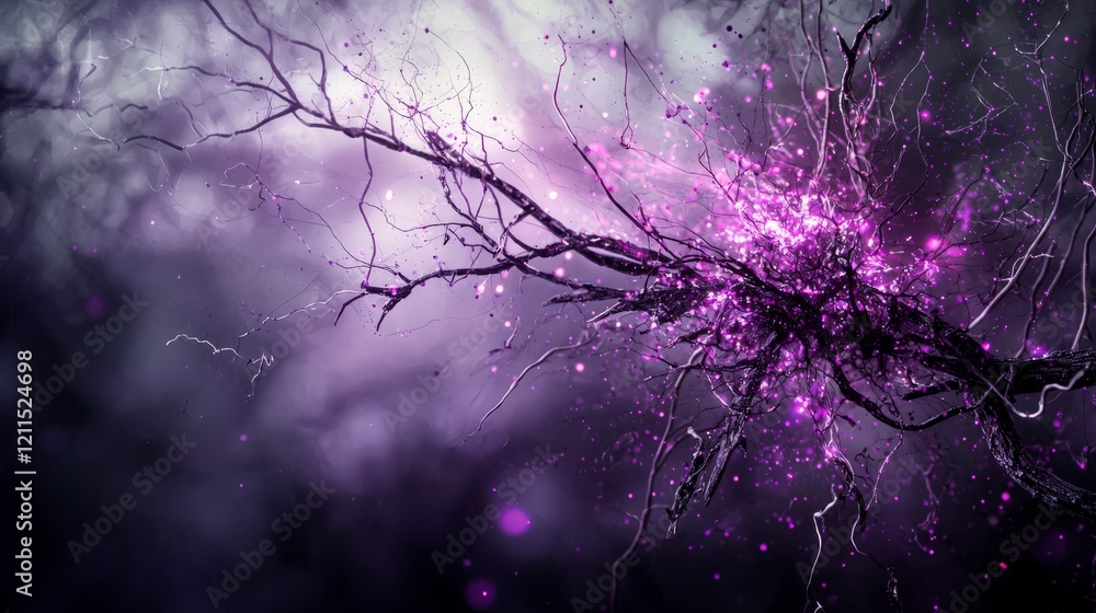 Aufkleber abstract art violet light breaking through nature in an enchanted forest with a mystical close-up pe