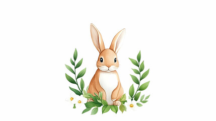 Cute bunny sitting in floral wreath, spring background, Easter card design
