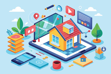 A vibrant house renovation platform with design tools and creative elements around a digital house model, House renovation platform