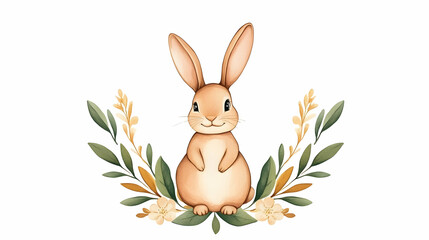 Cute bunny surrounded by leaves and flowers, spring illustration, perfect for Easter cards or children's books