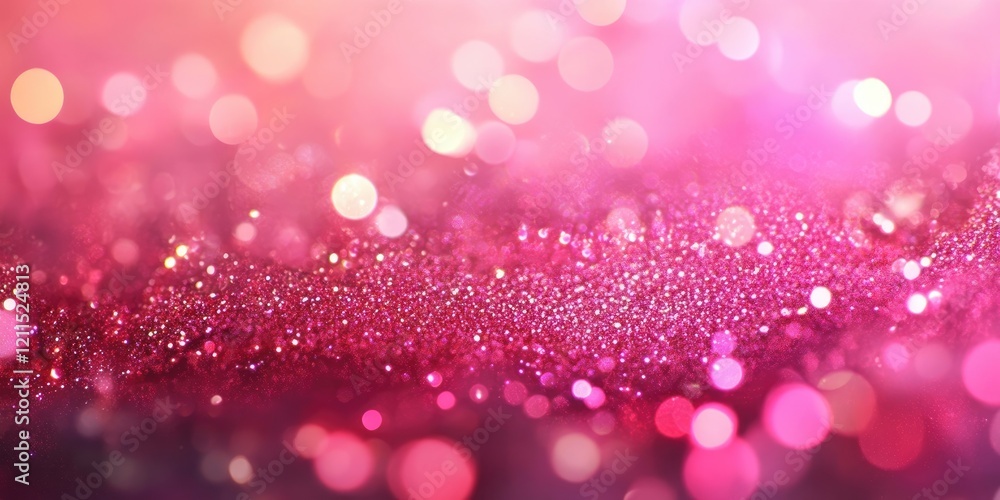 Poster glittering pink backdrop with soft bokeh lights in varying shades of pink and violet creating a fest