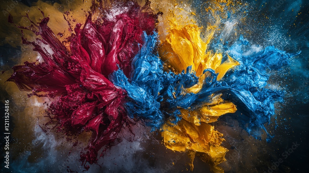 Aufkleber vibrant color explosion of red blue yellow paint studio abstract art dynamic environment close-up vi