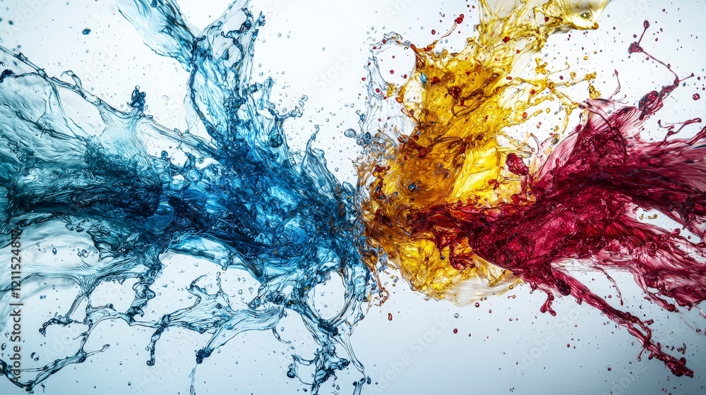 Poster vibrant water splashes in red blue and yellow contrast studio setting high-speed photography dynamic