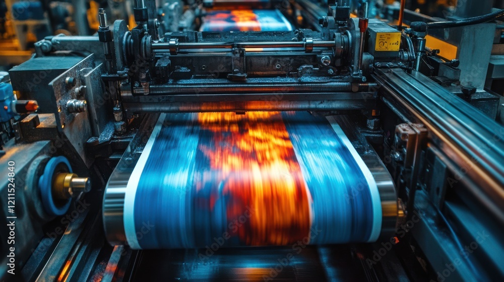 Poster a vibrant printing press in action, showcasing colorful rolls of printed material being processed.