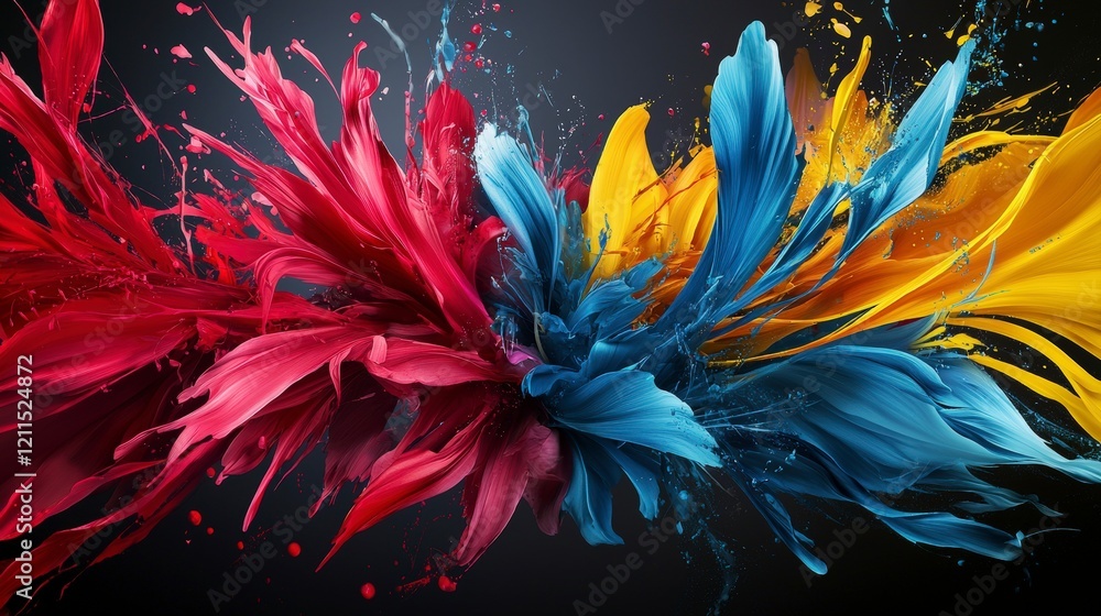 Poster dramatic color collision red blue and yellow paint splashes studio abstract art dark background vivi