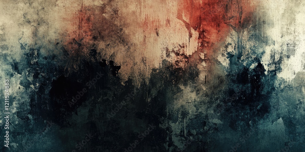 Poster abstract grunge texture with dark blue and black hues at bottom blending into warm reds and creams a