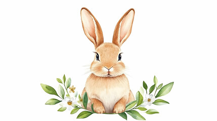 Cute bunny surrounded by spring flowers on white background, perfect for Easter cards
