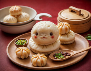 Vintage Steamed Buns With Red Bean dumplings chibi character