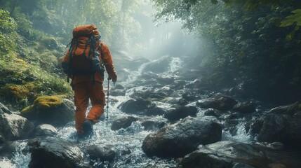 Hiker trekking misty forest stream