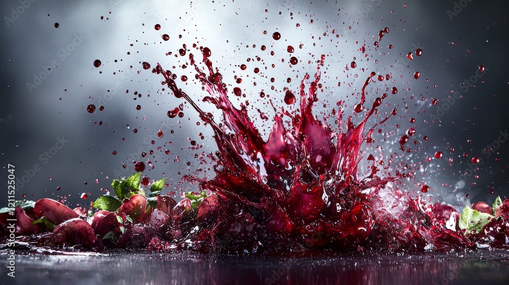 Poster close-up view of explosive bloodred liquid and strawberries dramatic high-speed photography in studi