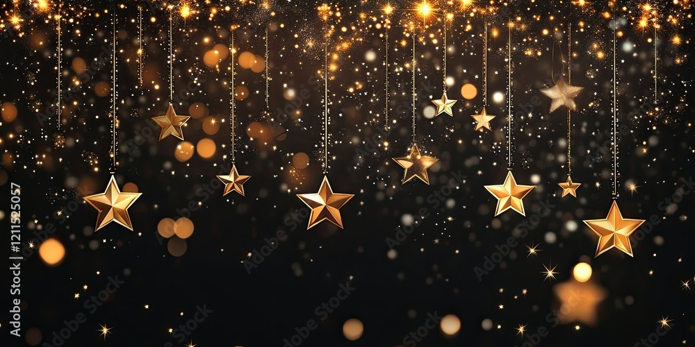 Poster radiant festive backdrop with golden stars and shimmering bokeh on a dark background offering ample 