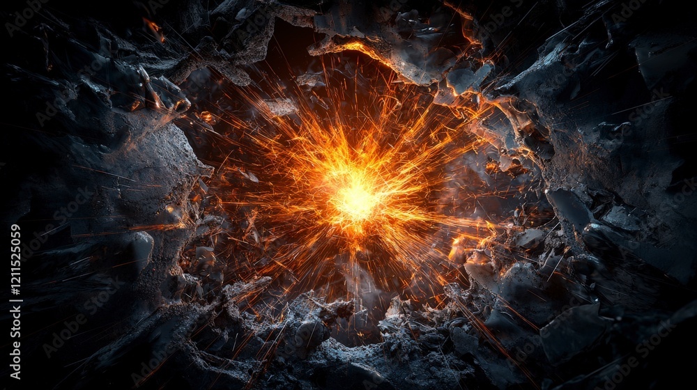 Poster explosive orange light erupts through fragmented surface digital art dark environment dynamic viewpo