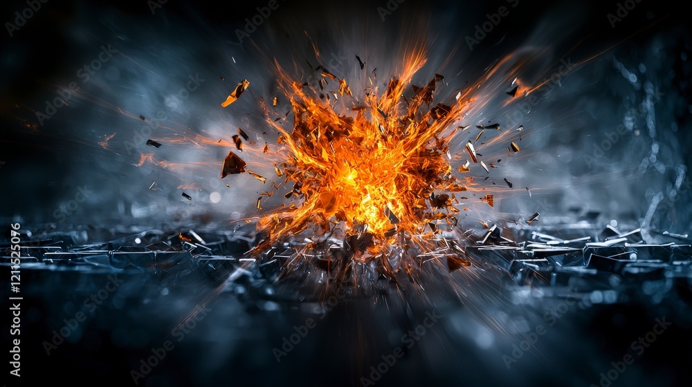 Poster explosive burst of orange light shattering glass fragments abstract art digital rendering dark envir