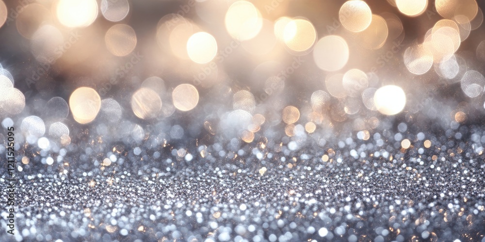 Poster silver glitter backdrop with soft bokeh effect in gold and silver hues shimmering across the surface