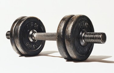 Naklejka premium Close-up of a single used dumbbell on white background.