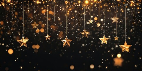 Obraz premium Radiant festive backdrop with golden stars and shimmering bokeh on a dark background offering ample space for custom text and holiday messaging