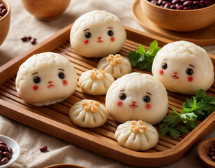 Vintage Steamed Buns With Red Bean dumplings chibi character