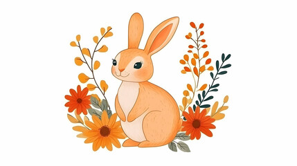 Cute orange bunny surrounded by autumn flowers, perfect for seasonal greeting cards