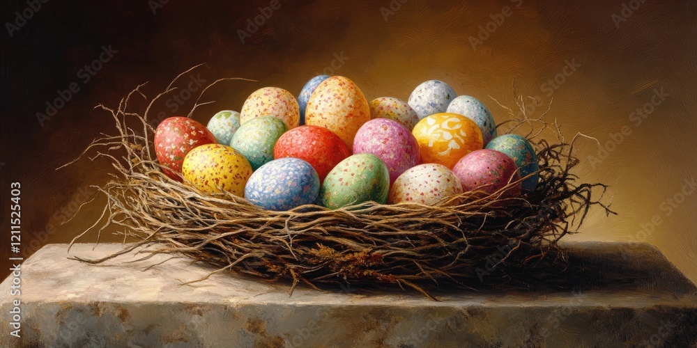 Aufkleber colorful easter eggs nestled in a rustic nest on a stone surface against a warm brown background, cr