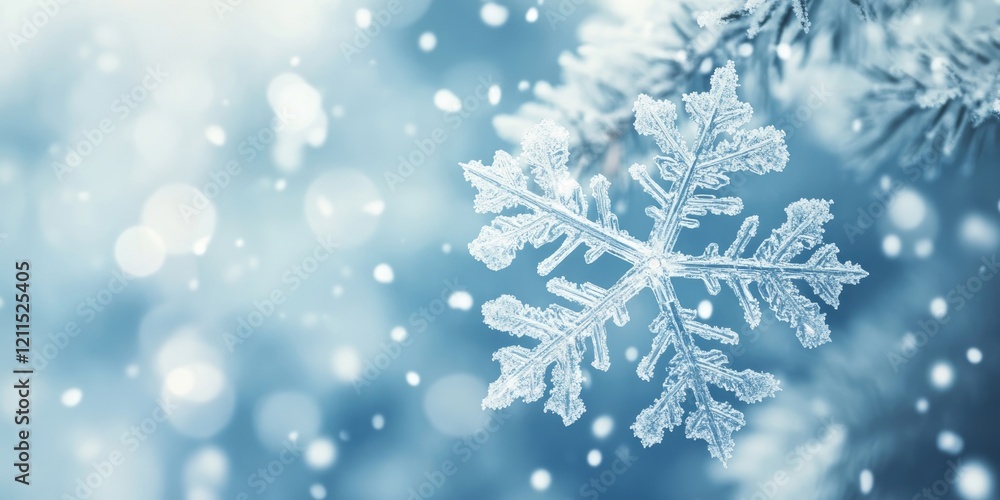 Poster closeup of intricate snowflake in focus on a blue background with soft bokeh effects and falling sno