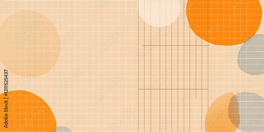 Poster colorful orange and soft grey circular shapes on a light background with grid pattern providing ampl