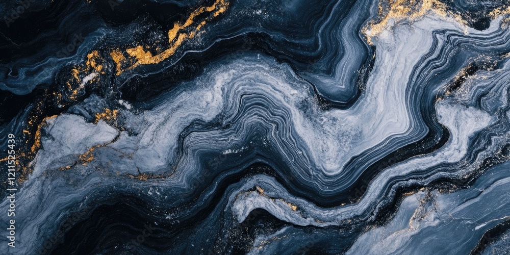 Poster abstract background with blue and gray marble texture accented with gold streaks creating fluid wavy