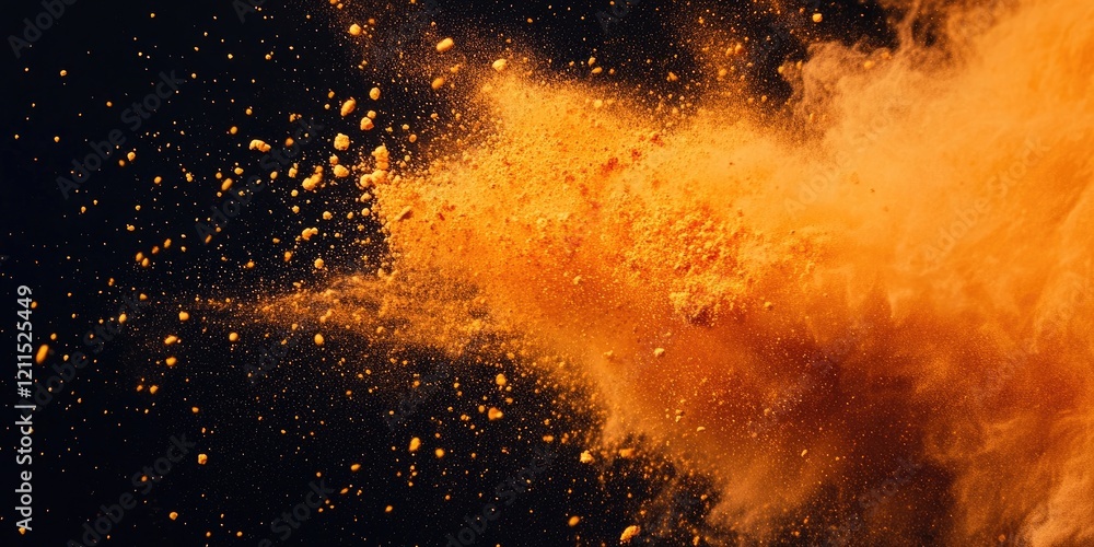 Poster dynamic orange powder explosion with fine particles against a dark background showcasing intricate s
